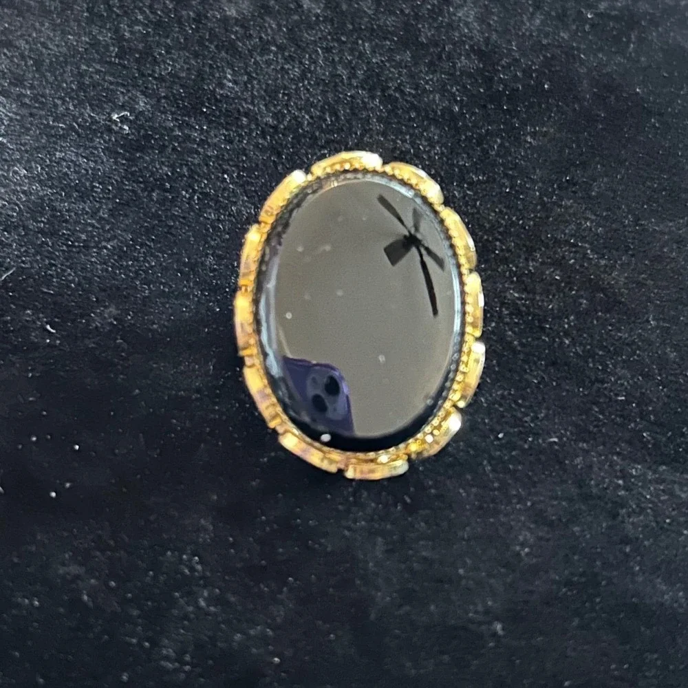 Vintage Gold Tone Oval Mirror Cabochon Brooch‎ | Art Deco Style